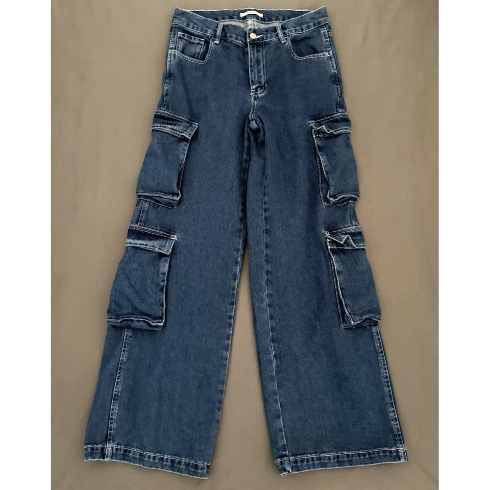 PacSun 90's Baggy Wide Leg Cargo Jeans Womens Size 26 Dark Wash Mid Waist